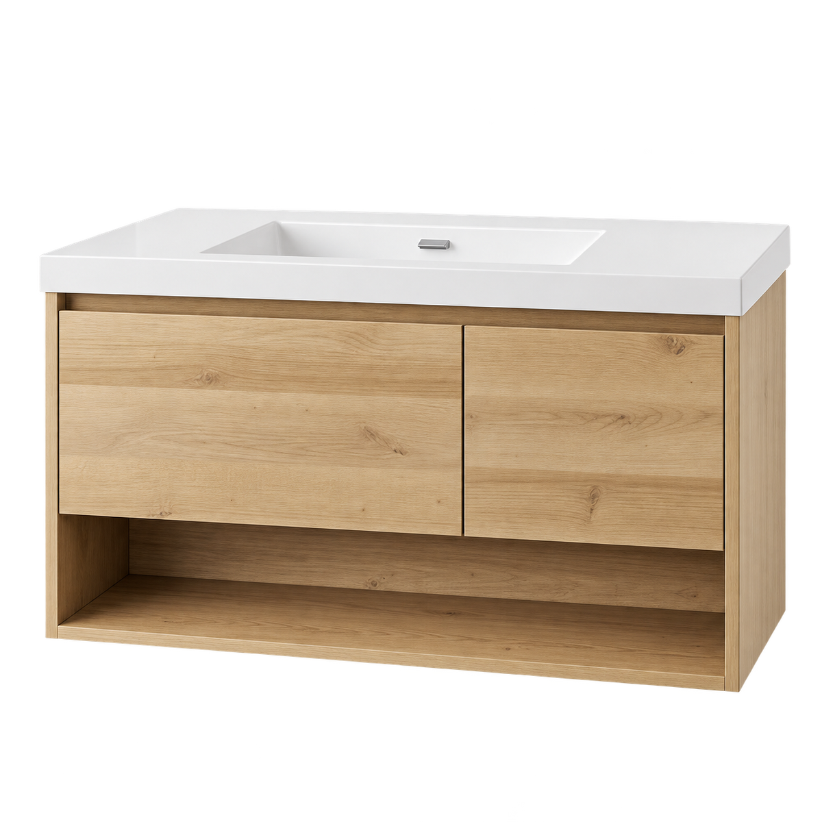 Salle de bain moderne avec vanité blanche autoportante, miroir et douche vitrée