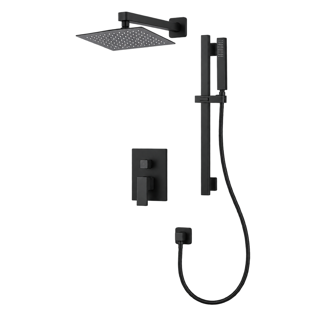 Ensemble de robinet de douche noir avec pomme carrée et douchette à main dans une salle de bain moderne