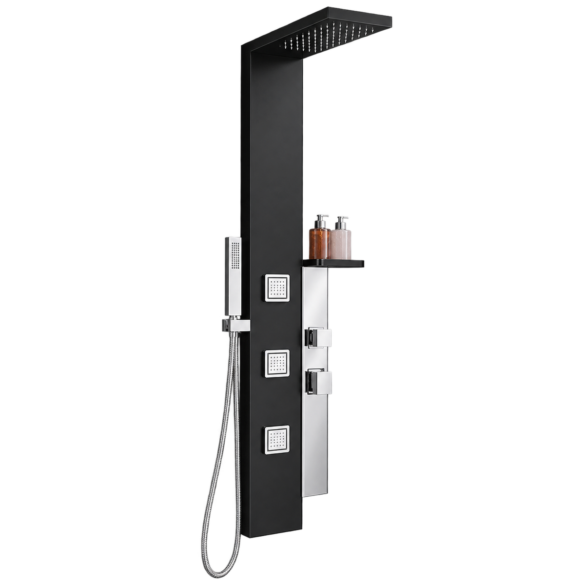 Colonne de douche murale noire avec tête effet pluie, douchette à main et jets corporels dans une salle de bain moderne