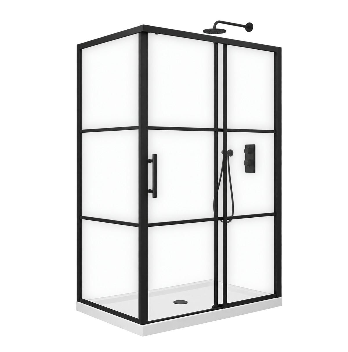 Ensemble de douche complet avec porte en verre, panneau latéral et base dans une salle de bain moderne