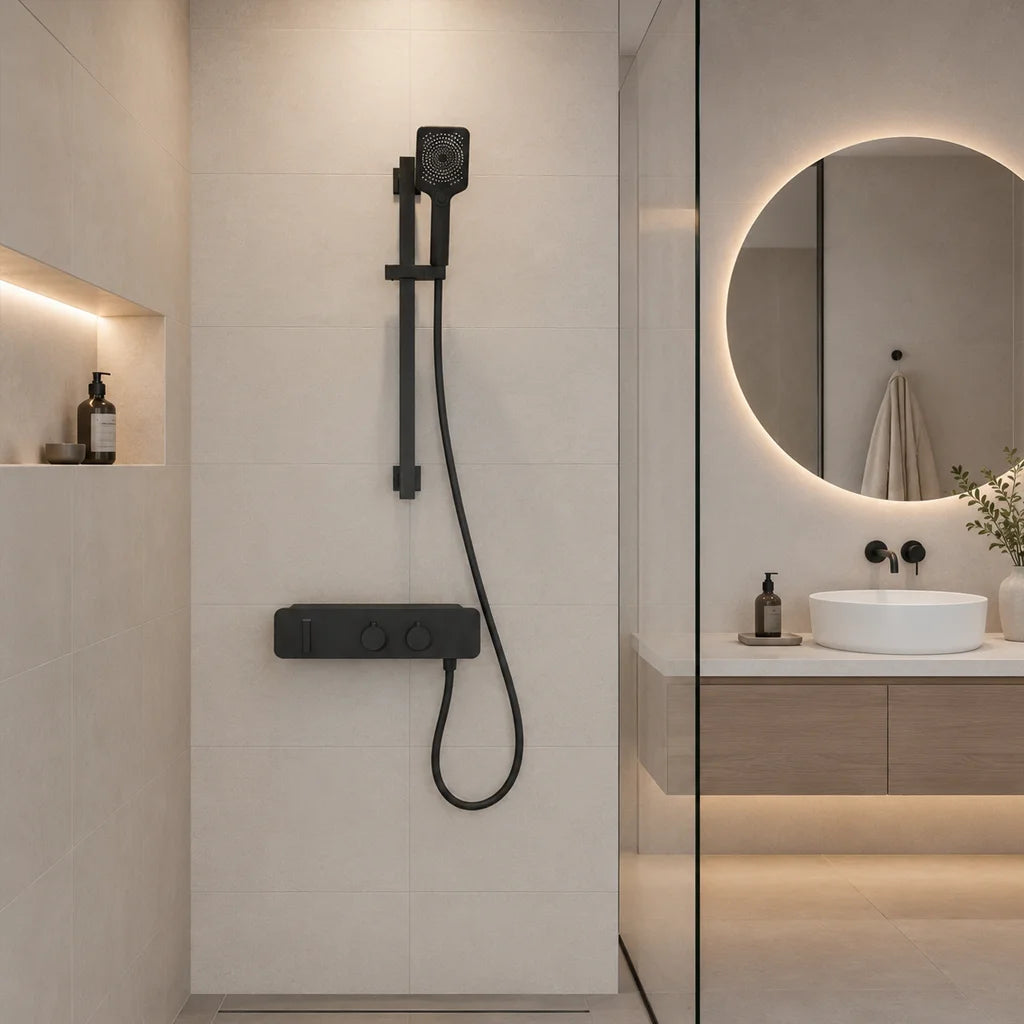 Ensemble de robinet de douche avec douchette à main 3 fonctions et tablette intégrée
