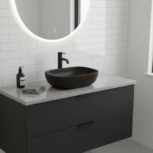 Lavabo à poser rectangulaire arrondi en porcelaine noir mat 16-3/5" x 12-3/5" x 5-3/10"
