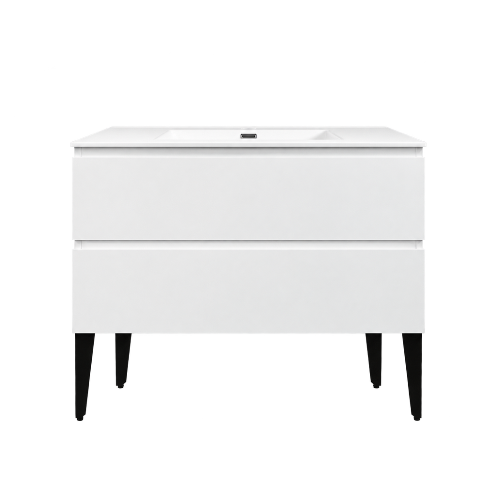 Vanité autoportante blanc lustré avec lavabo en marbre artificiel 36"