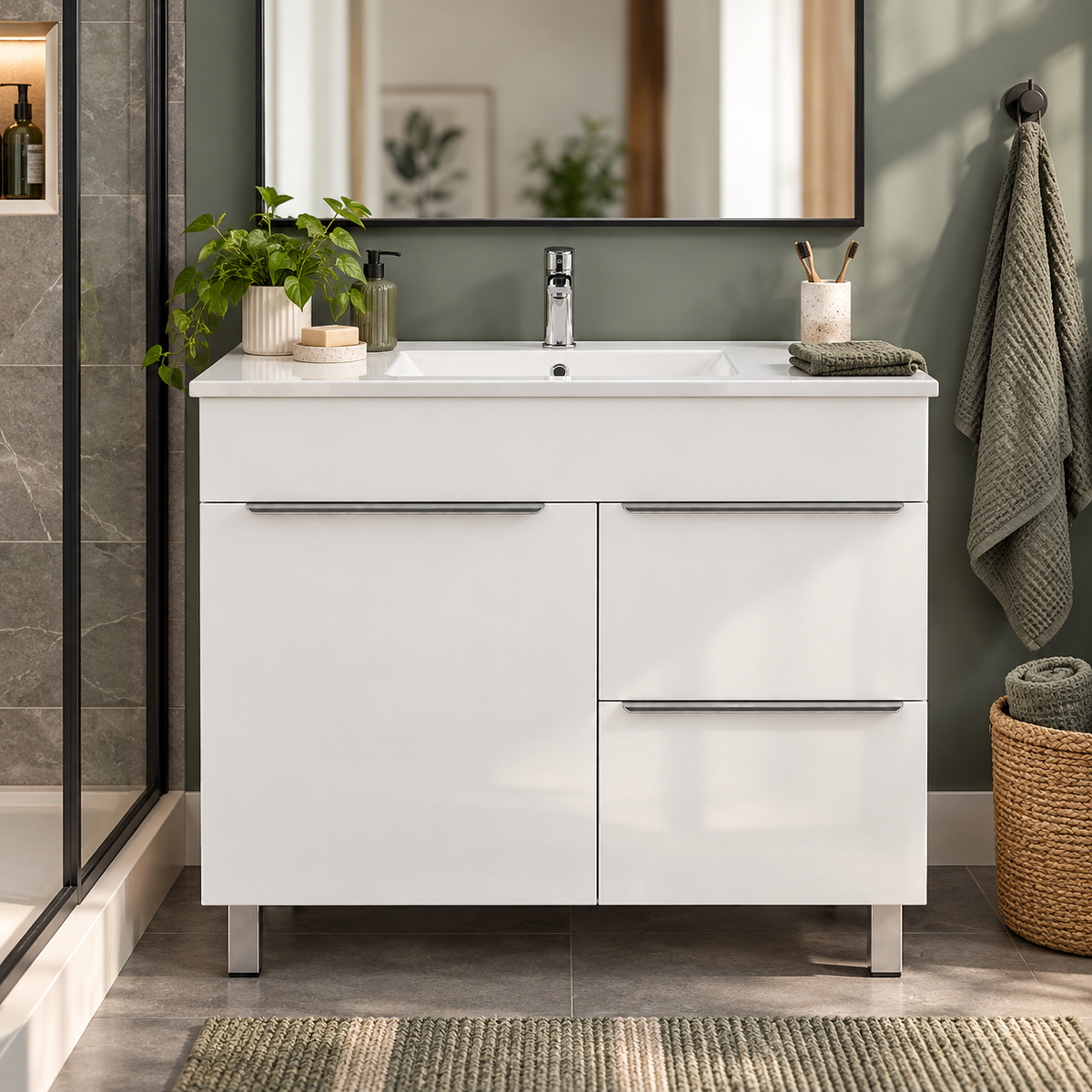 Vanité autoportante blanc lustré avec lavabo en marbre artificiel 32"