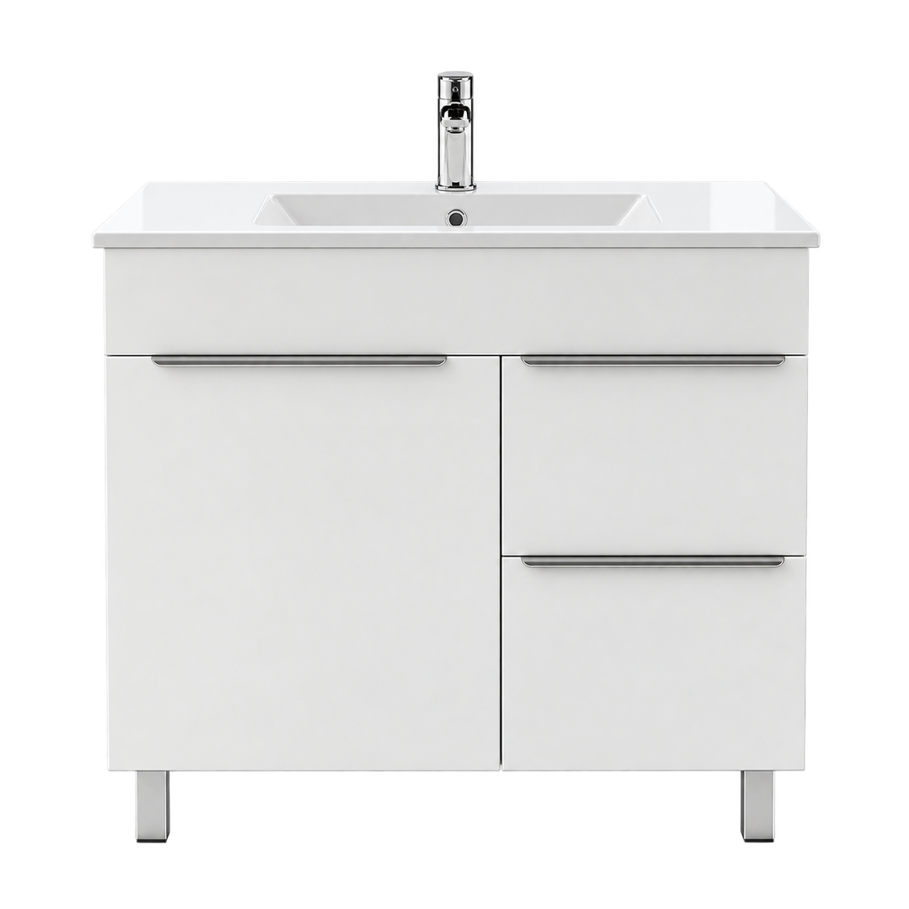 Vanité autoportante blanc lustré avec lavabo en marbre artificiel 32"