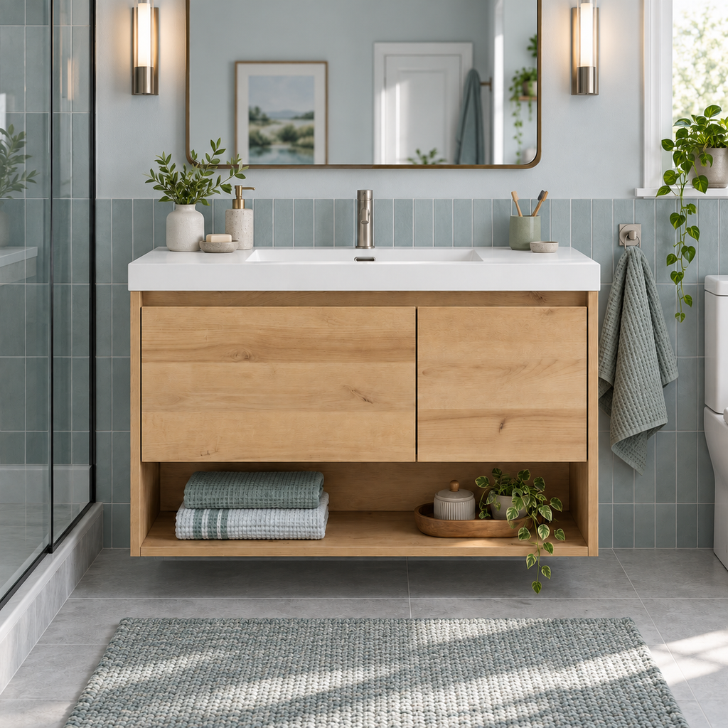 36" Caramel Oak Wall-Mounted Vanity with Artificial Marble Sink