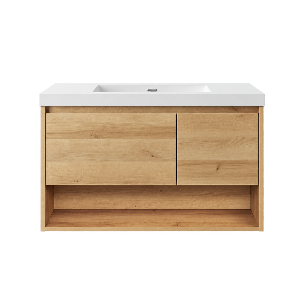 36" Caramel Oak Wall-Mounted Vanity with Artificial Marble Sink