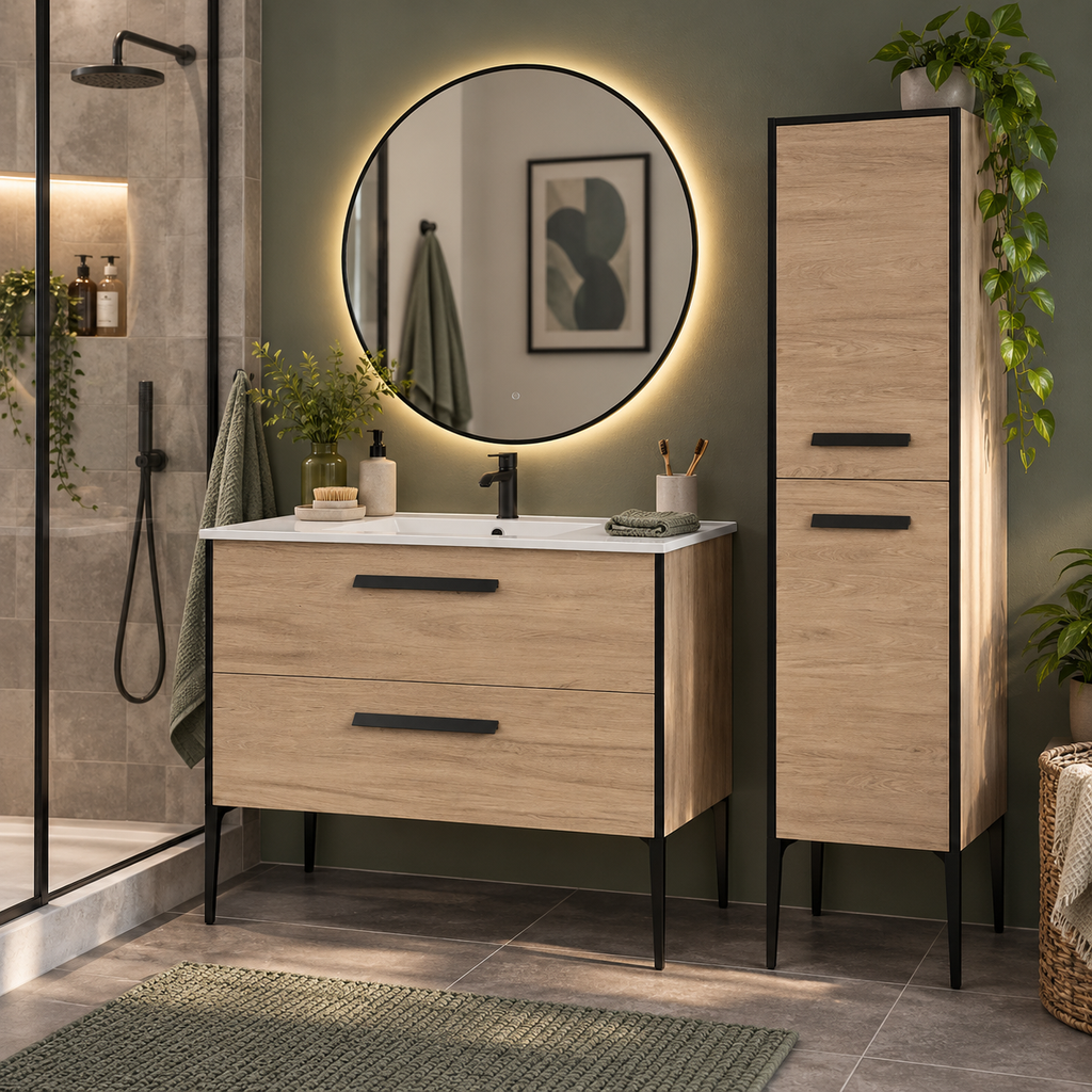 Vanité murale sable avec lavabo en marbre artificiel 40″