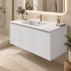 Vanité murale blanc mat cannelée avec lavabo en marbre artificiel 40"