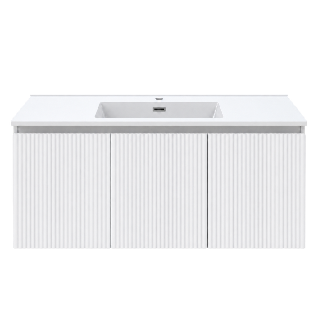 Vanité murale blanc mat cannelée avec lavabo en marbre artificiel 40"