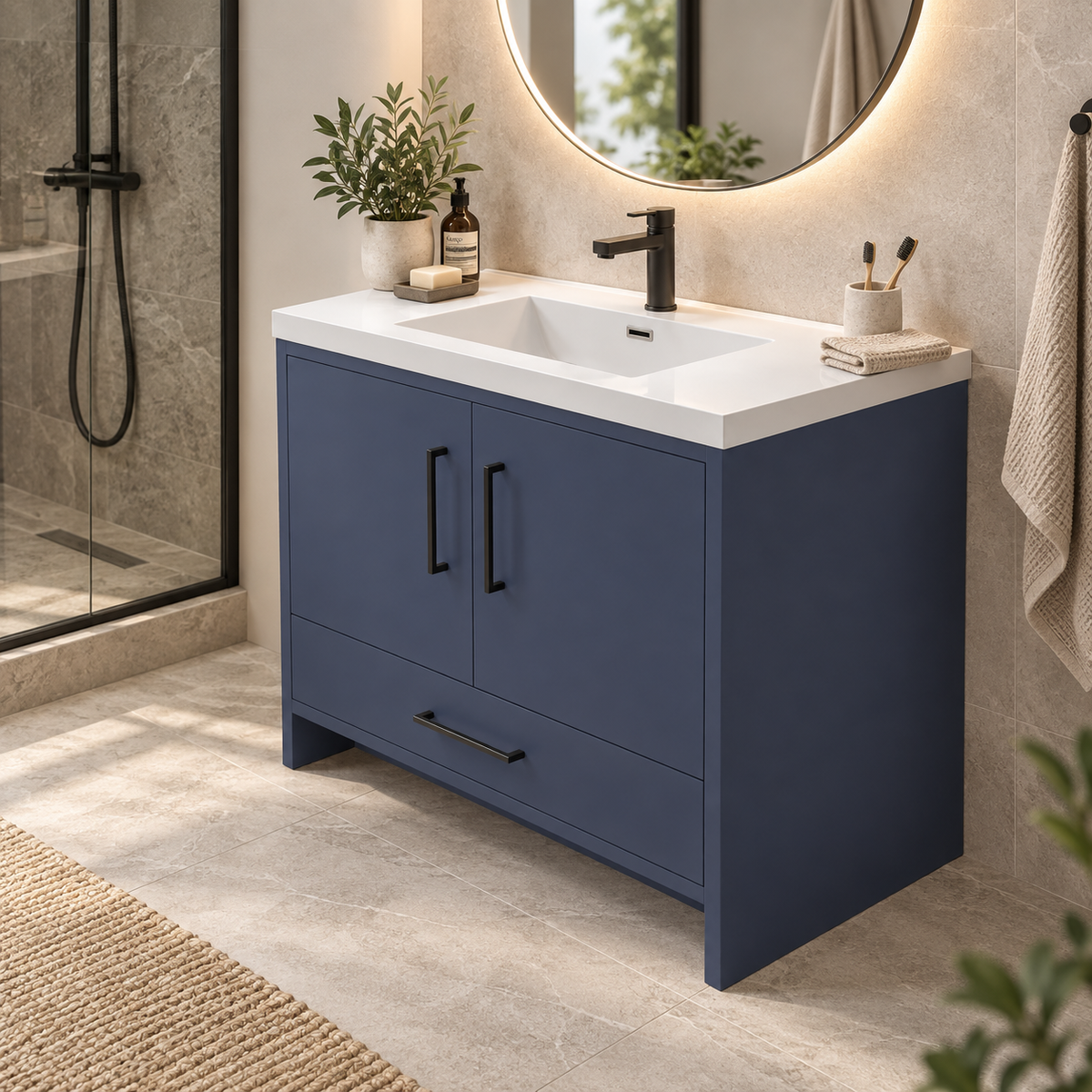 Vanité autoportante bleu de Malte avec lavabo en marbre artificiel 36"