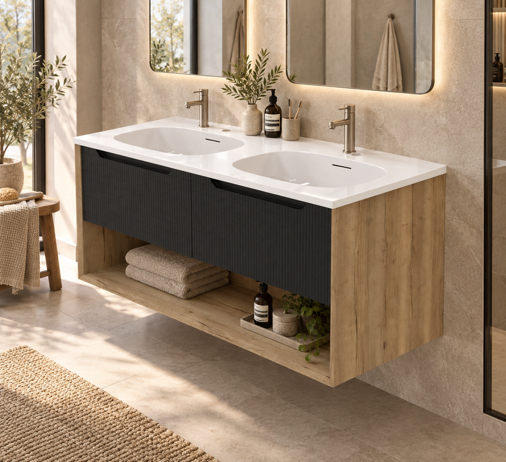 Vanité murale chêne et noir mosaïque avec lavabo double en marbre artificiel 48"