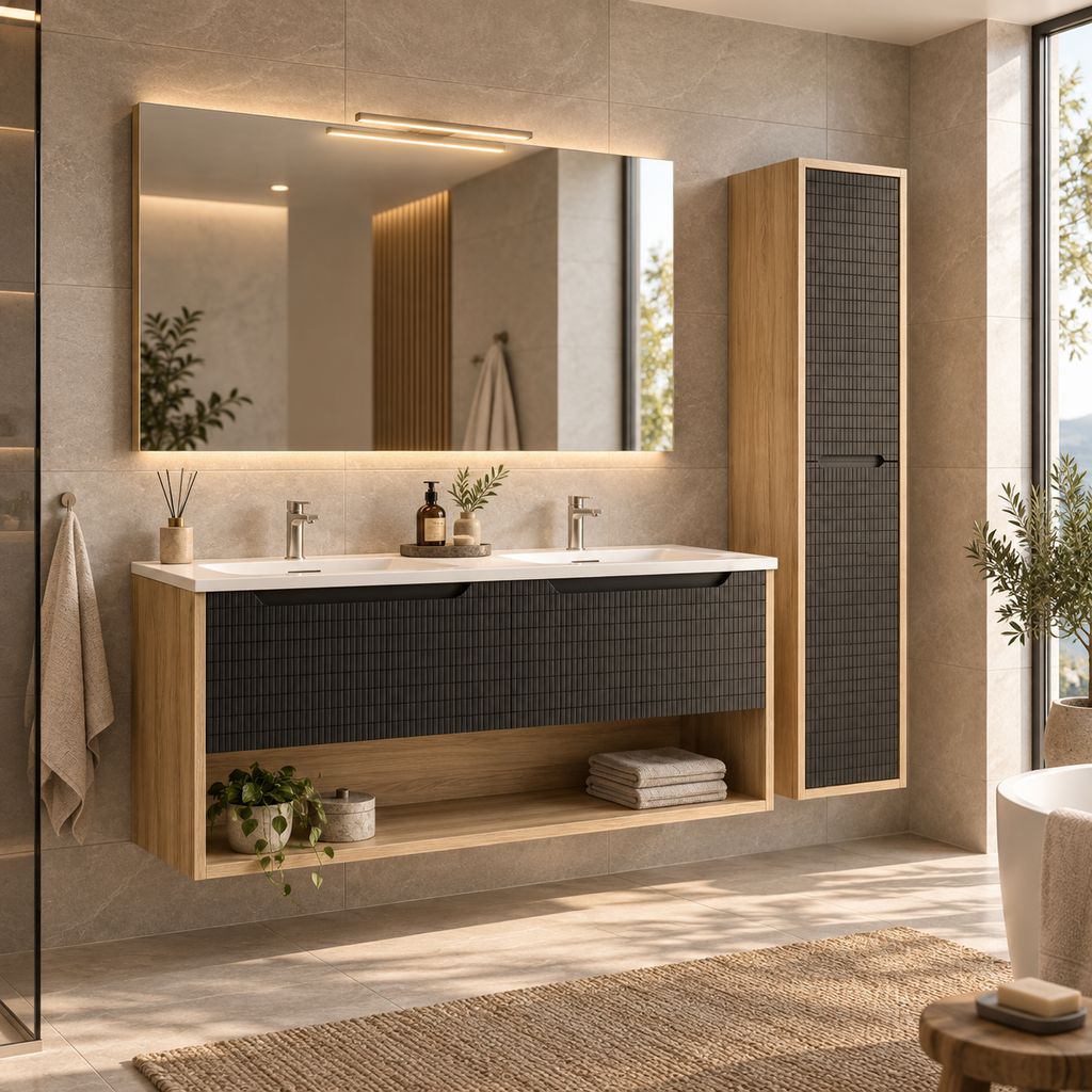 Vanité murale chêne et noir mosaïque avec lavabo double en marbre artificiel 48"
