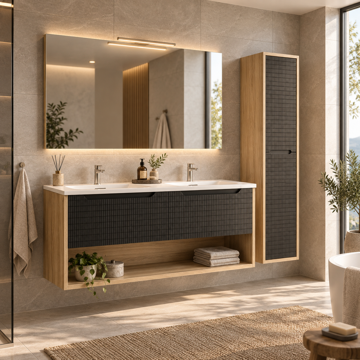 Vanité murale chêne et noir mosaïque avec lavabo double en marbre artificiel 48"