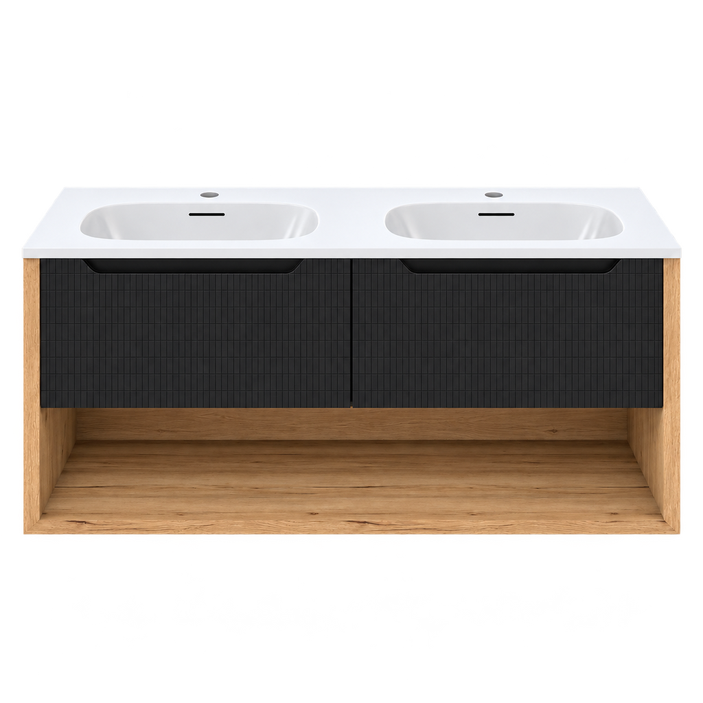 Vanité murale chêne et noir mosaïque avec lavabo double en marbre artificiel 48"