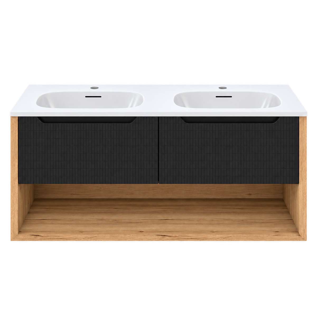 Vanité murale chêne et noir mosaïque avec lavabo double en marbre artificiel 48"