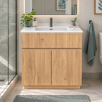 Vanité autoportante à façade cannelée, fini bois naturel avec lavabo en marbre artificiel 32"