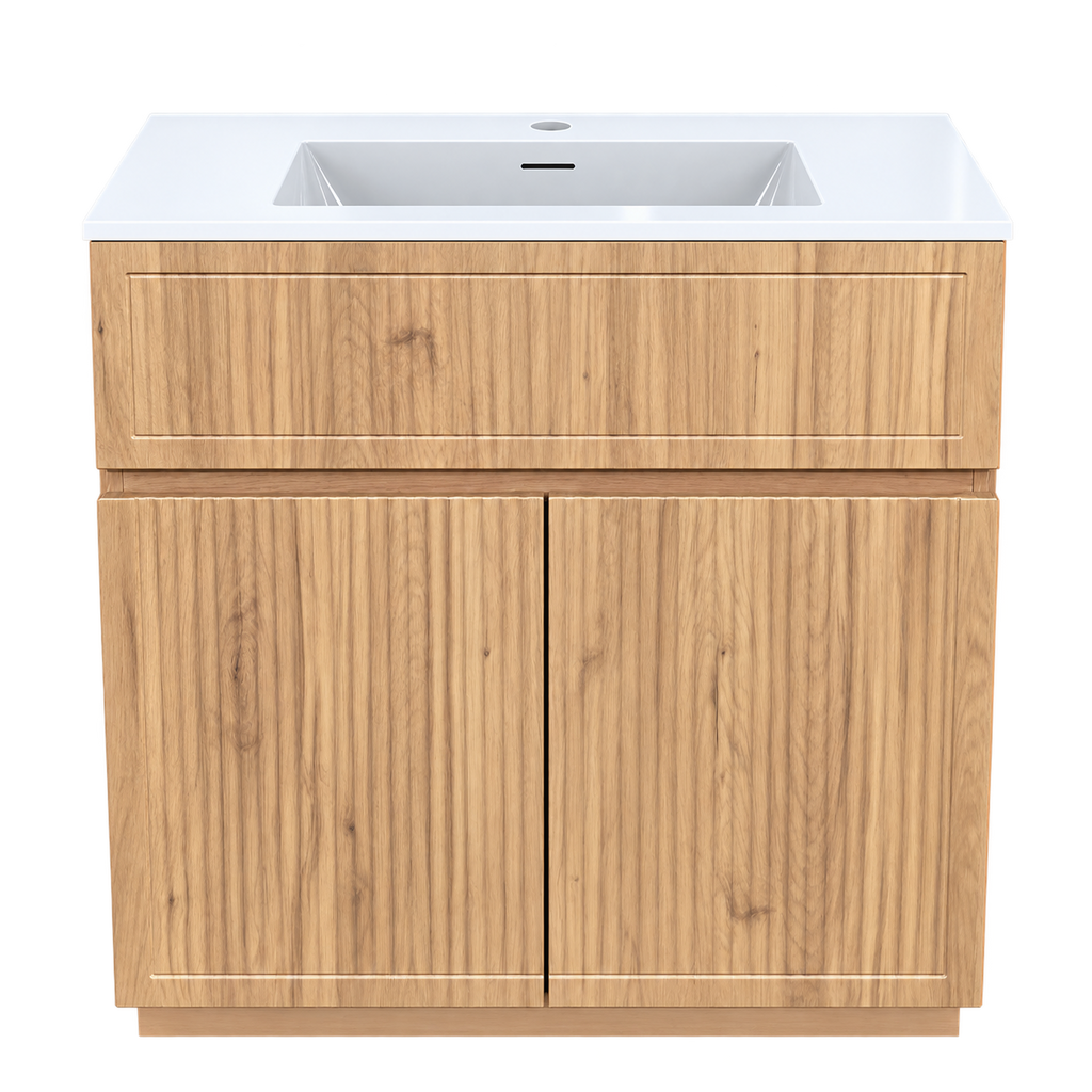 Vanité autoportante à façade cannelée, fini bois naturel avec comptoir en mabre artificiel 24"