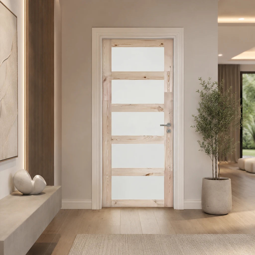 30" Natural Pine Interior Door with 5 Frosted Glass Panels