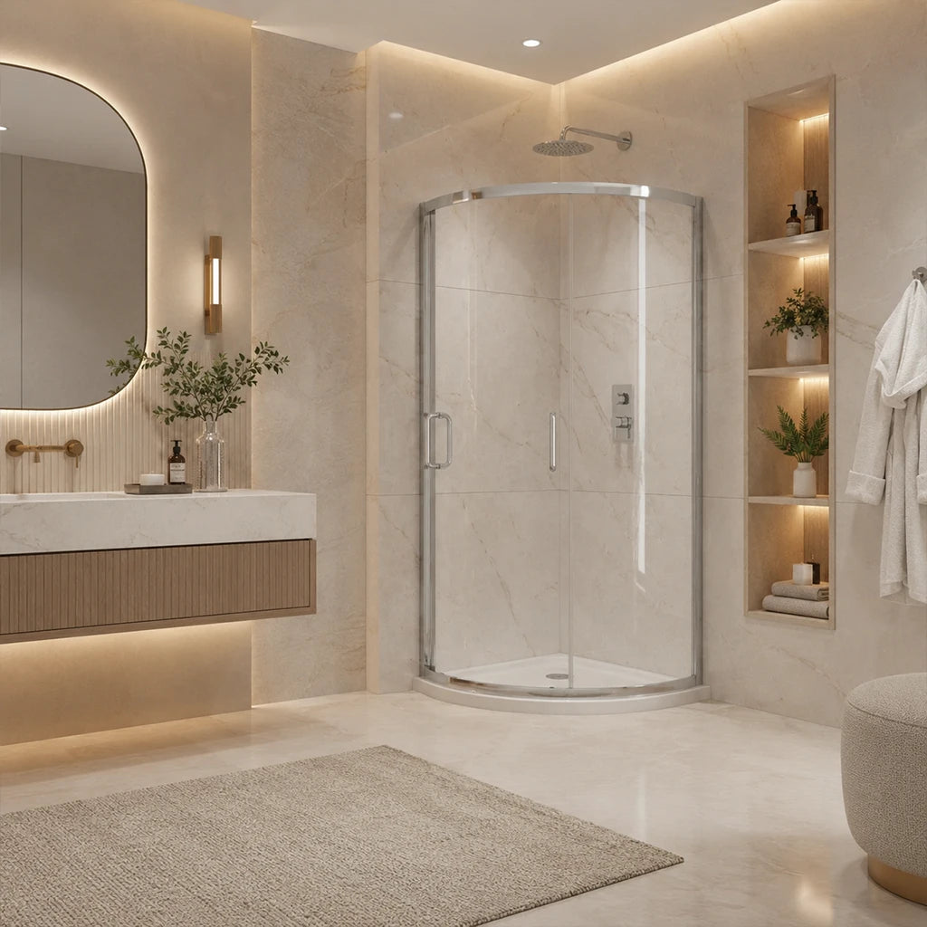 Série Athabasca ensemble de douche semi-ronde chrome (porte coulissante avec base)