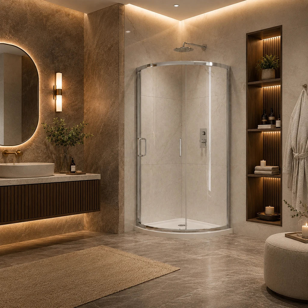Série Athabasca ensemble de douche semi-ronde chrome (porte coulissante avec base)