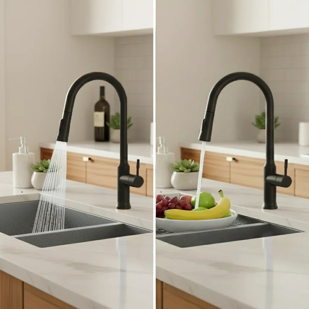 Robinet de cuisine Au Panache avec bec col de cygne rétractable 2 jets
