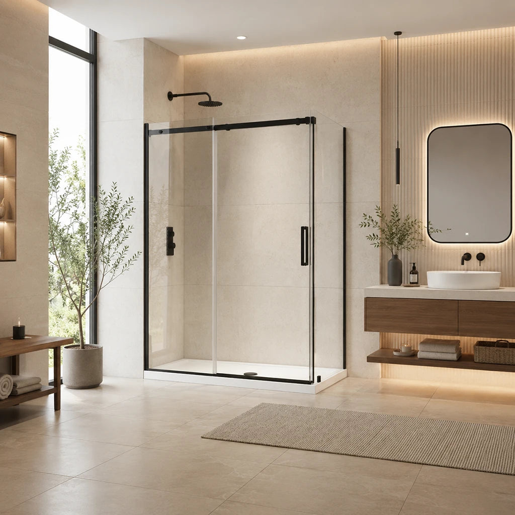 Série Aubrey ensemble de douche noir (porte coulissante, panneau latéral et base)