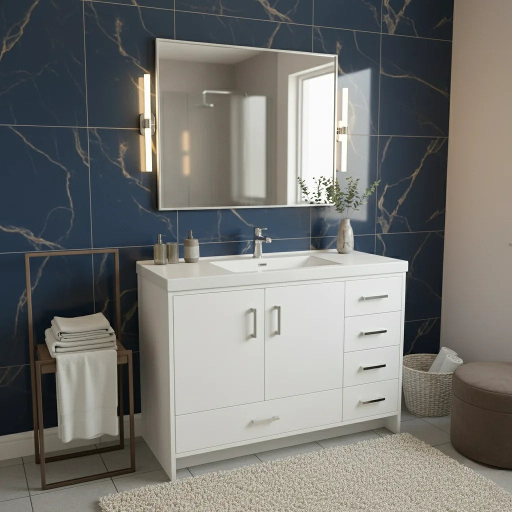 Vanité autoportante blanc lustré avec lavabo en marbre artificiel 47.2" x 19.7" x 35.2