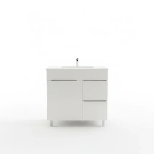Vanité autoportante blanc lustré avec lavabo en marbre artificiel 31.5" x 18.1" x 34"