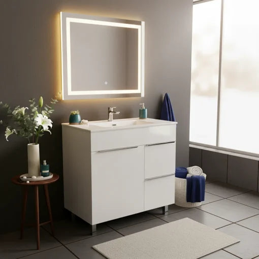 Vanité autoportante blanc lustré avec lavabo en marbre artificiel 31.5" x 18.1" x 34"