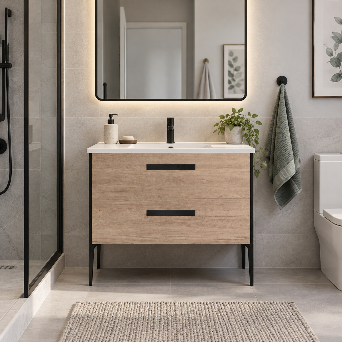 Vanité murale sable avec lavabo en marbre artificiel 40″