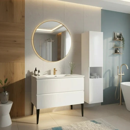 Vanité autoportante blanc lustré avec lavabo en marbre artificiel 35.4" x 18.1" x 33.3"