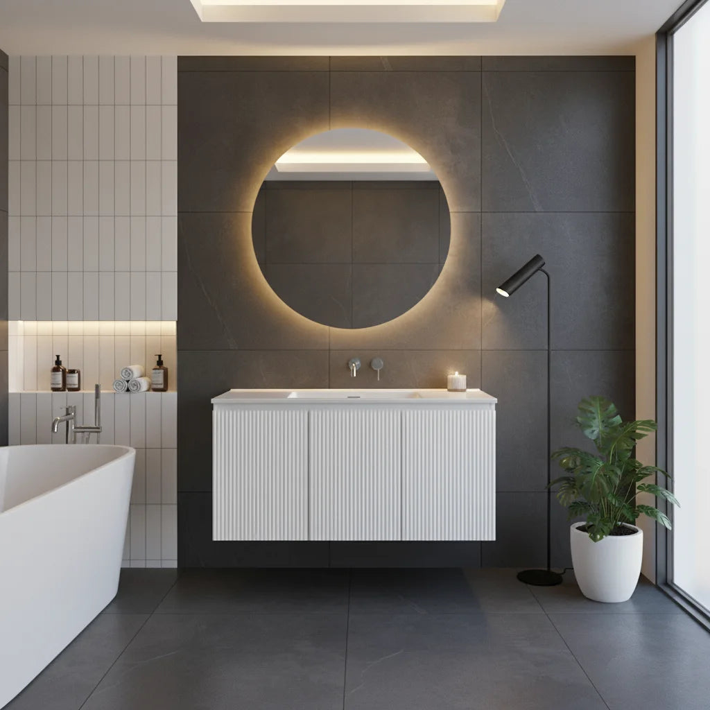 Vanité murale blanc mat cannelée avec lavabo en marbre artificiel 39.4" x 18.1" x 20.5"