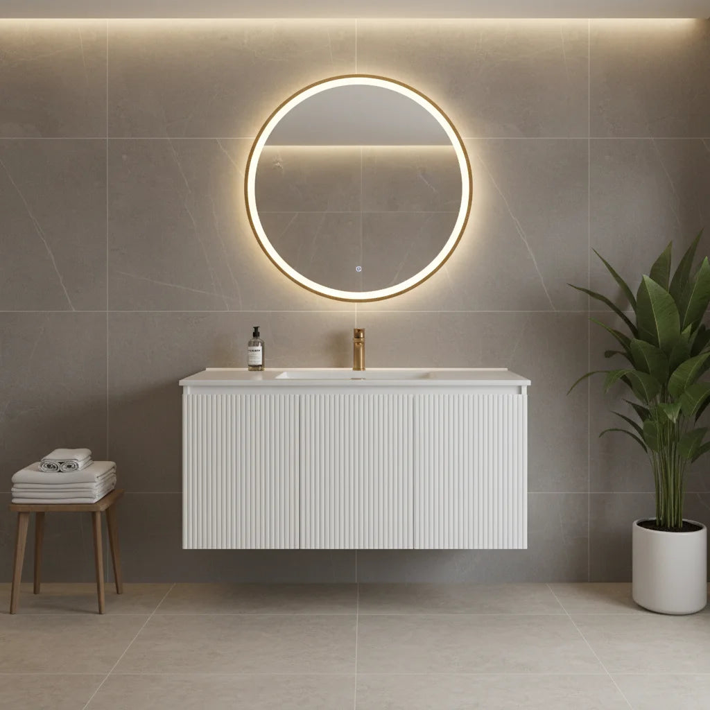 Vanité murale blanc mat cannelée avec lavabo en marbre artificiel 39.4" x 18.1" x 20.5"
