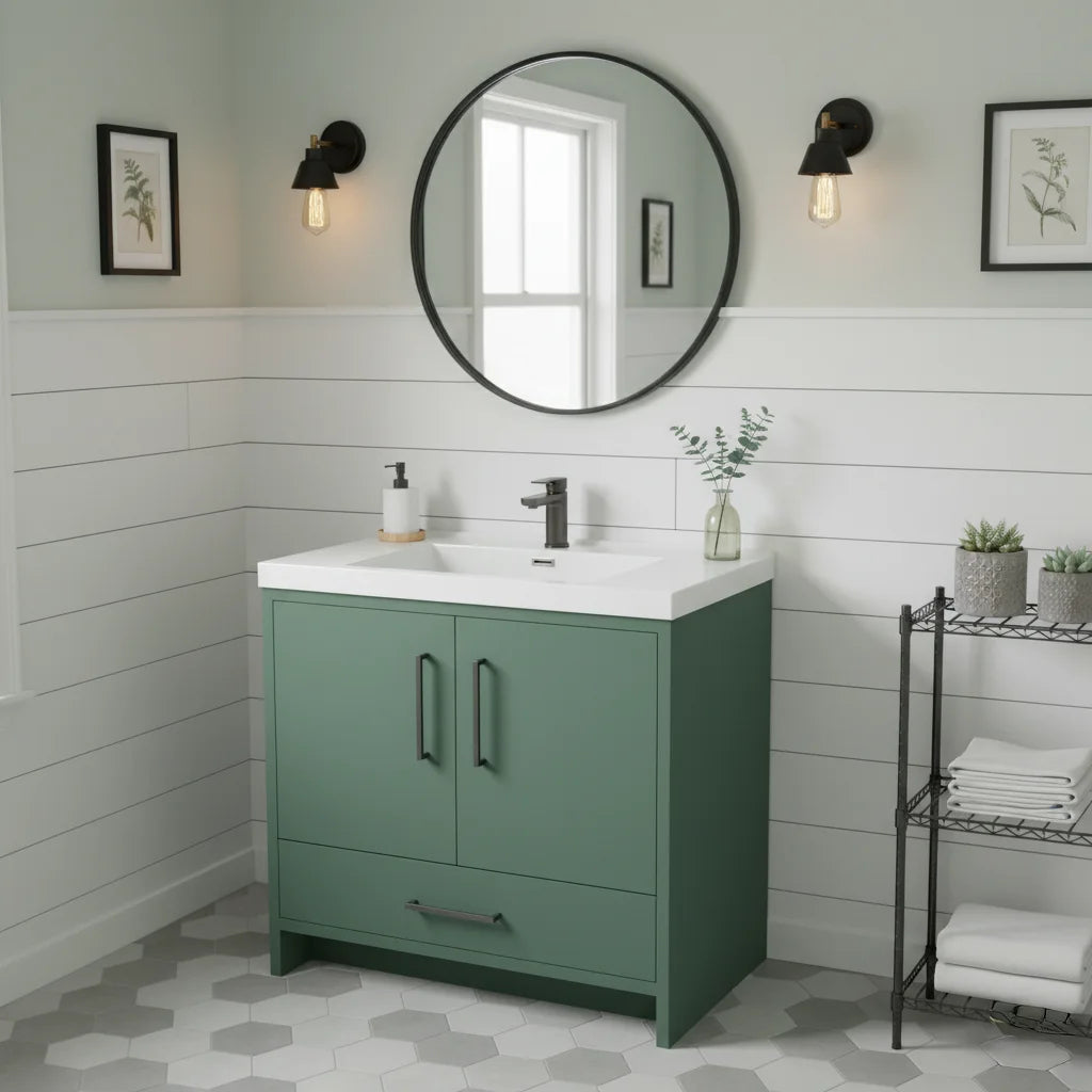 Vanité autoportante vert anglais avec lavabo en marbre artificiel 35.4" x 19.7" x 33.5"