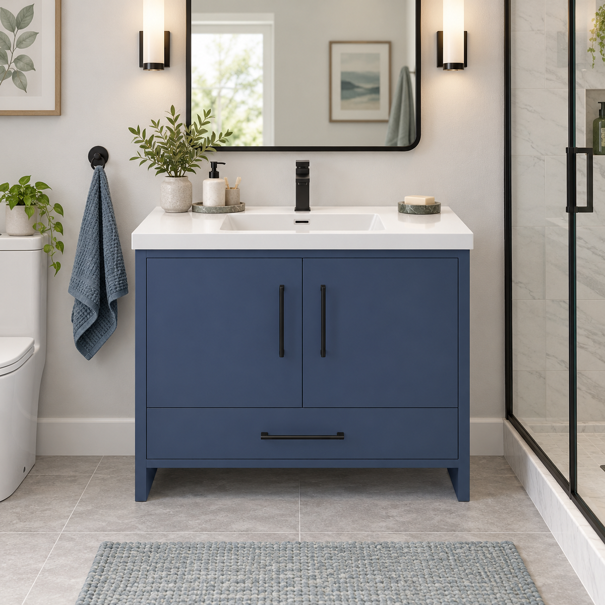 Vanité autoportante bleu de Malte avec lavabo en marbre artificiel 36"