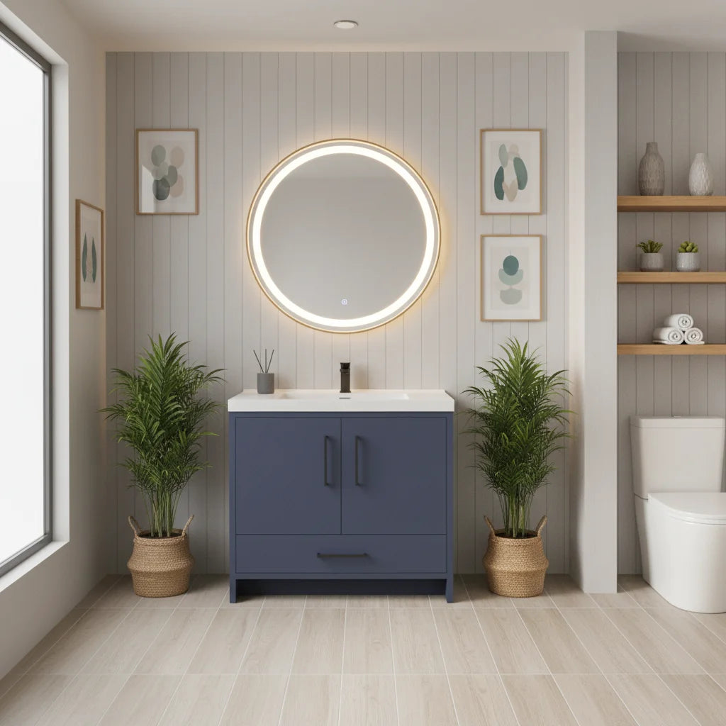 Vanité autoportante bleu de Malte avec lavabo en marbre artificiel 35.4" x 19.7" x 33.5"