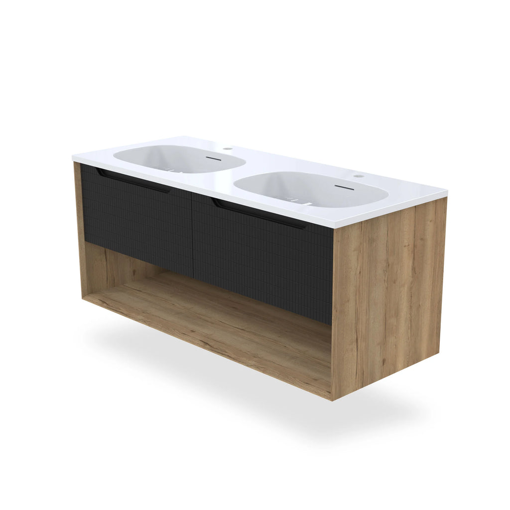 Vanité murale chêne et noir mosaïque avec lavabo double en marbre artificiel 47.2" x 19.7" x 20.5"