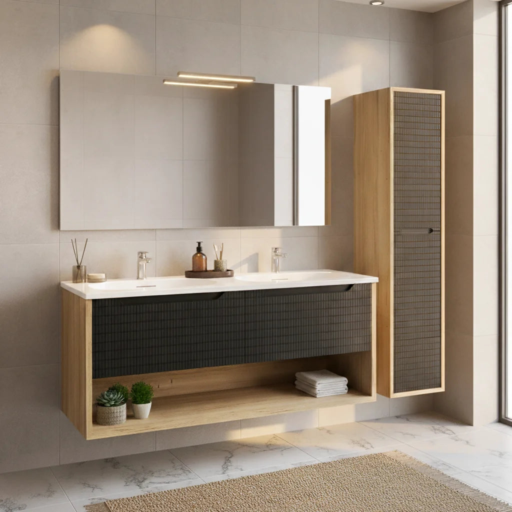 Vanité murale chêne et noir mosaïque avec lavabo double en marbre artificiel 47.2" x 19.7" x 20.5"