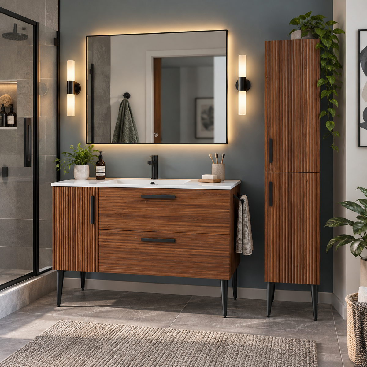 Vanité autoportante Noisette cannelée avec lavabo en marbre artificiel 48"