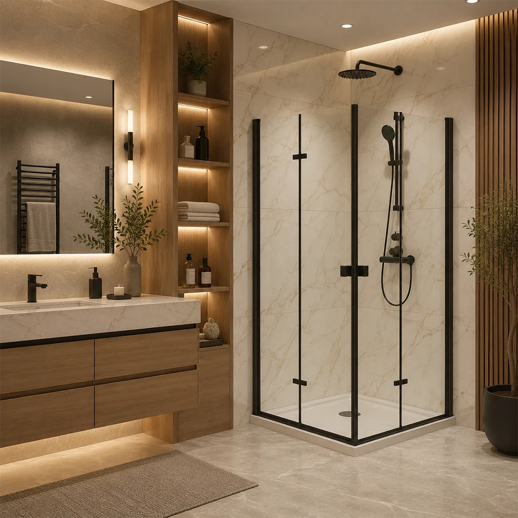 Série Della ensemble de douche noir (2 portes battantes vers l’intérieur avec base)