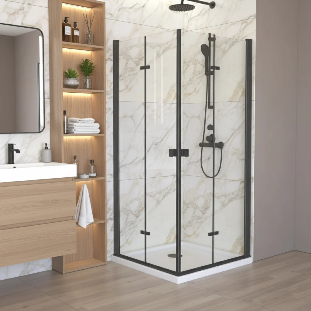 Série Della ensemble de douche noir (2 portes battantes vers l’intérieur avec base)