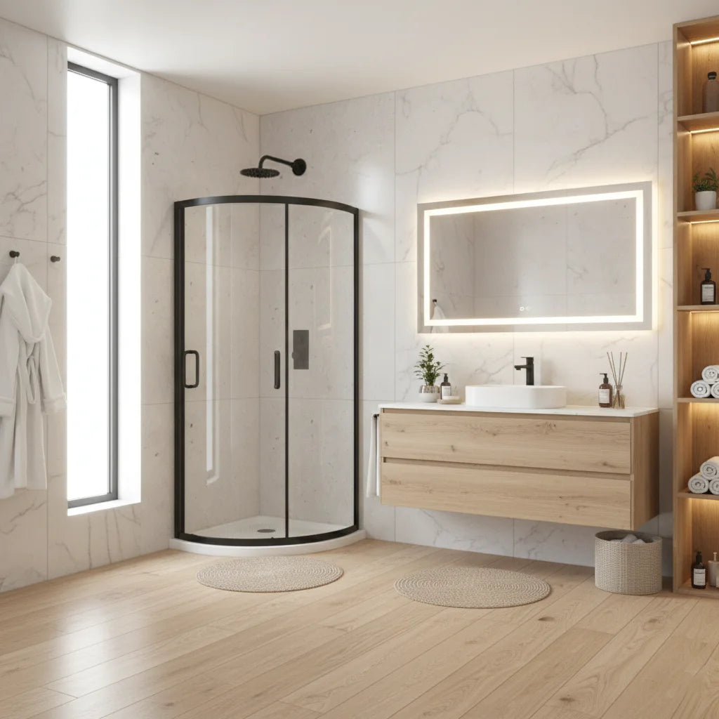 Série Fairmont ensemble de douche noir (porte coulissante semi-ronde avec base)