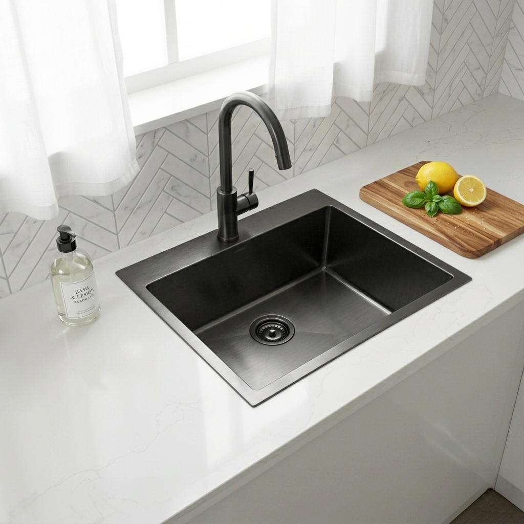 Évier simple de cuisine 23 pouces sur plan en acier inoxydable, fini gris canon, vue en angle