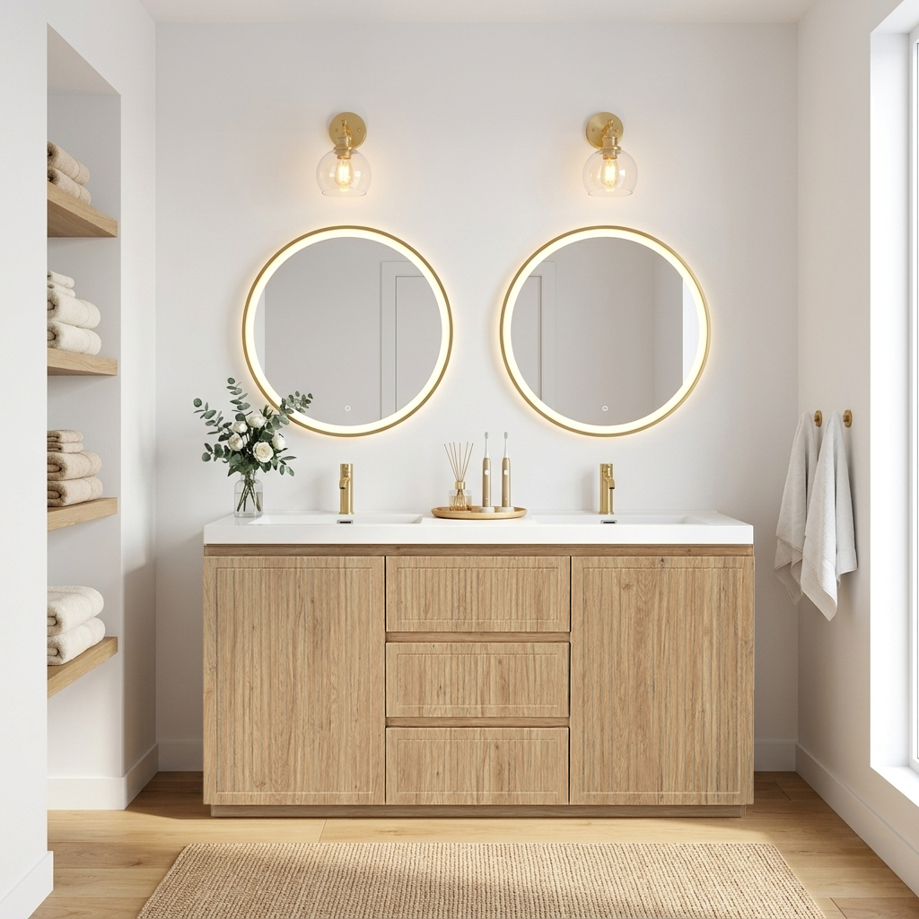 Meuble-lavabo autoportant 60 pouces à double vasque dans une salle de bain au décor naturel
