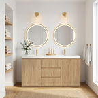 Meuble-lavabo autoportant 60 pouces à double vasque dans une salle de bain au décor naturel