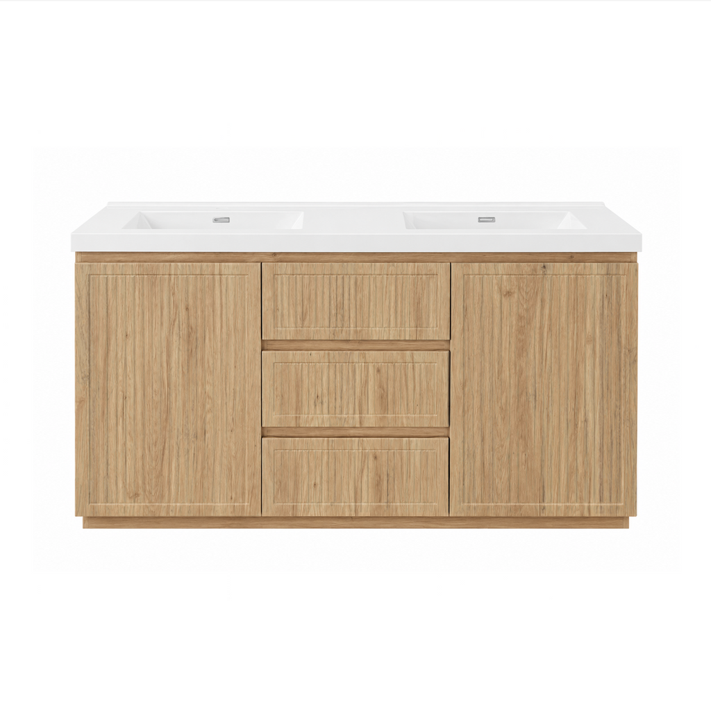 Vanité autoportante 60 pouces, fini bois naturel et façade cannelée, avec lavabo double en marbre artificiel