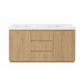 Vanité autoportante 60 pouces, fini bois naturel et façade cannelée, avec lavabo double en marbre artificiel