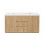 Vanité autoportante 60 pouces, fini bois naturel et façade cannelée, avec lavabo double en marbre artificiel