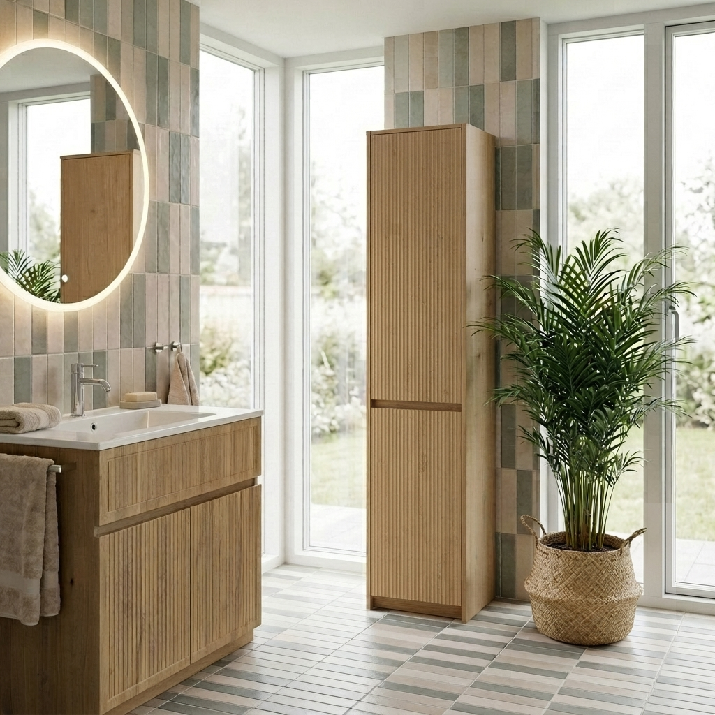 Lingerie autoportante 16 pouces en fini bois naturel avec façade cannelée – mise en ambiance